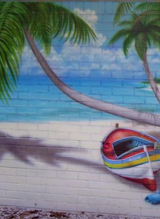 Detail of outdoor backyard mural tropical beach scene